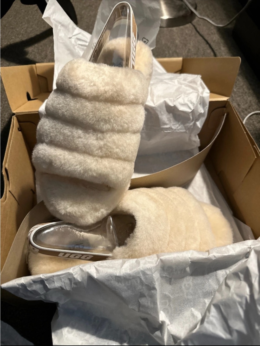 UGG Plush Sheepskin Slide Slippers in Cream